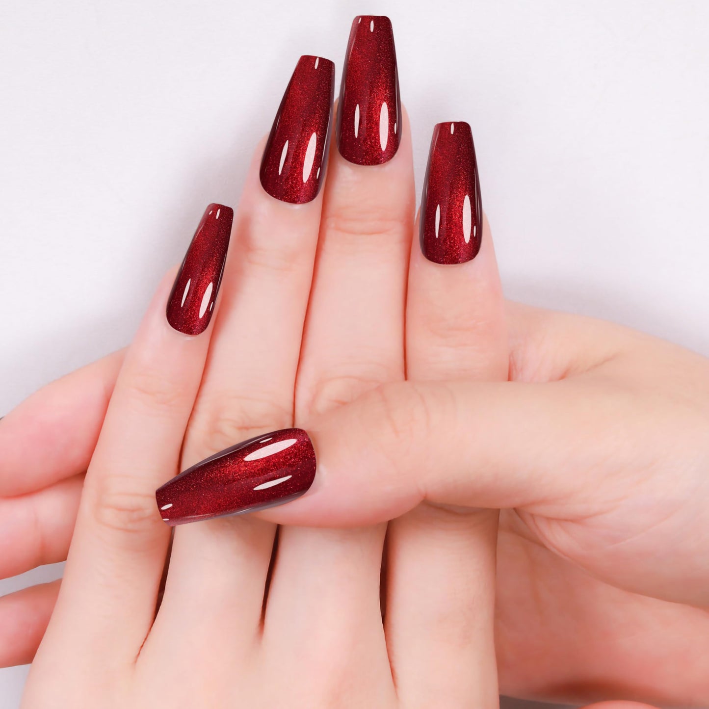 Rimudecure 24 Pieces Handmade Red Cat Eye Press On Nails Long Coffin Fake Nails Handmade with Toughened Sealer High Texture High Gloss Fake Nails