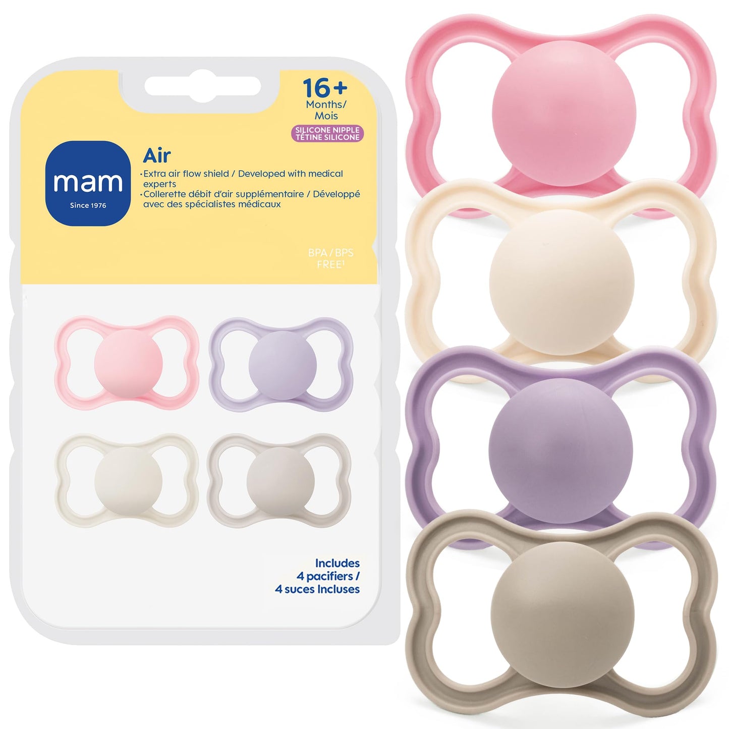 MAM Air Pacifier for Babies 16+ Months, Extra Air Flow for Sensitive Skin, Developed with Medical Experts, BPA-Free Skin Soft Silicone, 4 Count, Made in Europe