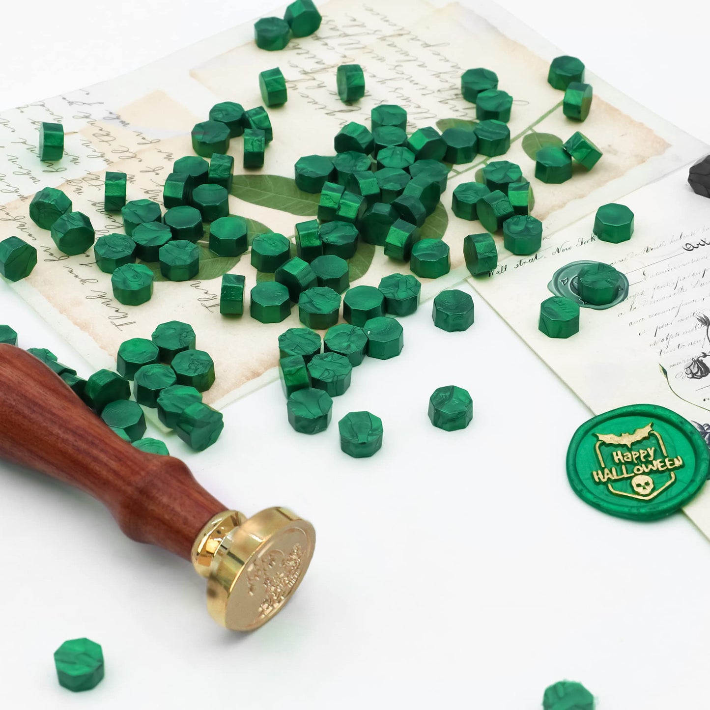 SWANGSA 360 Pieces Metallic Green Sealing Wax Beads Kit with 2 Pieces Tea Candles and 1 Piece Wax Melting Spoon for Wax Seal Stamp (Metallic Green)