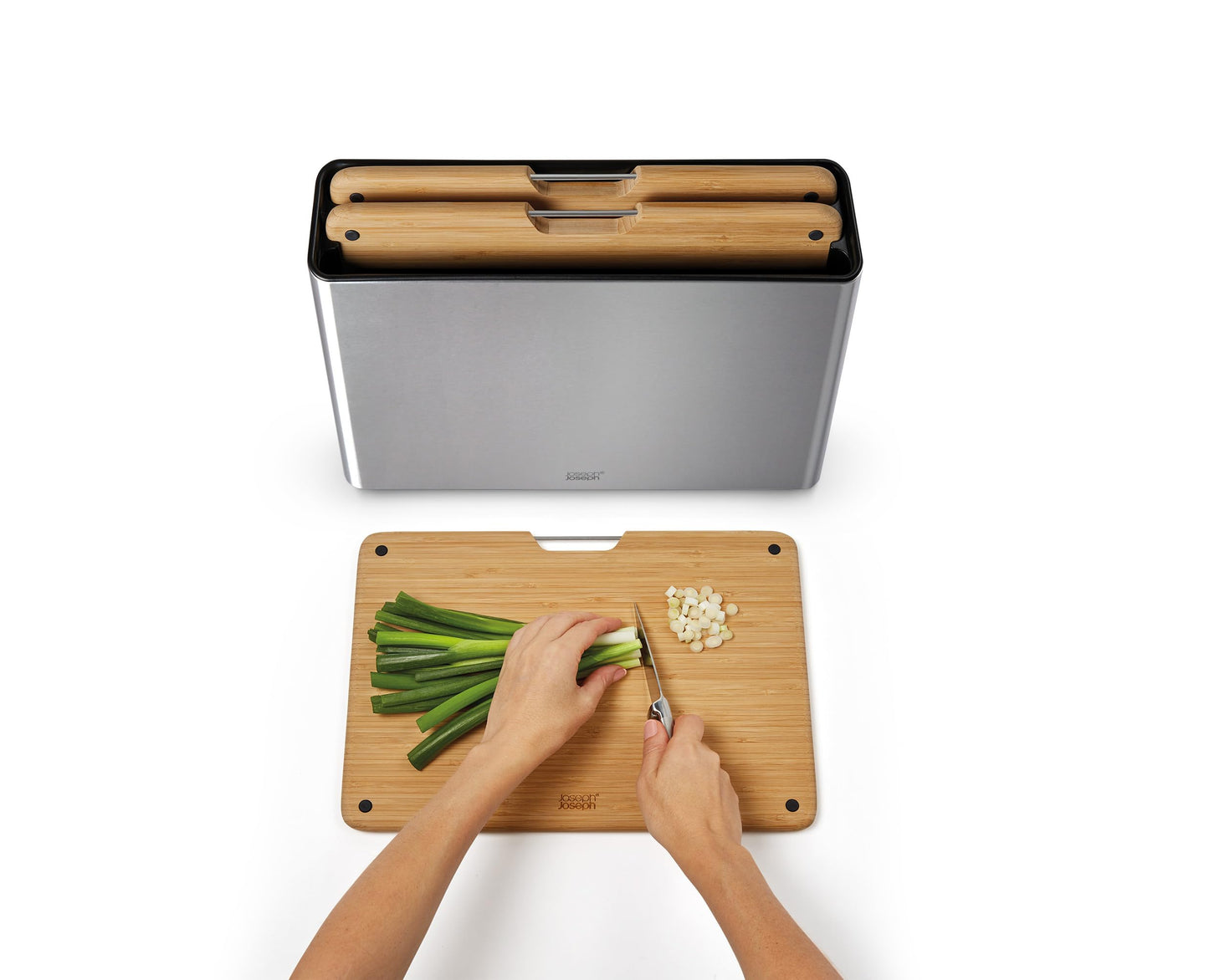 Joseph Joseph Folio Premium 3-Piece Bamboo Cutting Board Set, Stainless Steel Slimline Case for Organized Kitchen Storage