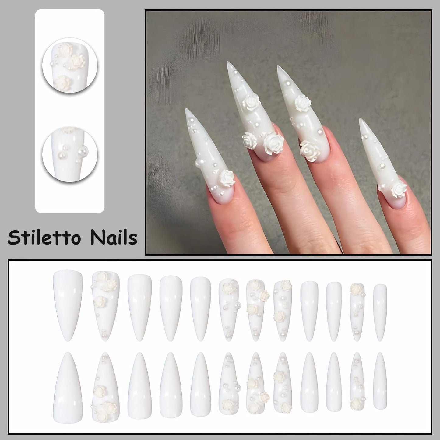 MISUD Press on Nails - Long Stiletto Fake Nails with White Flower Pearl, Acrylic Wedding Design 24 pcs