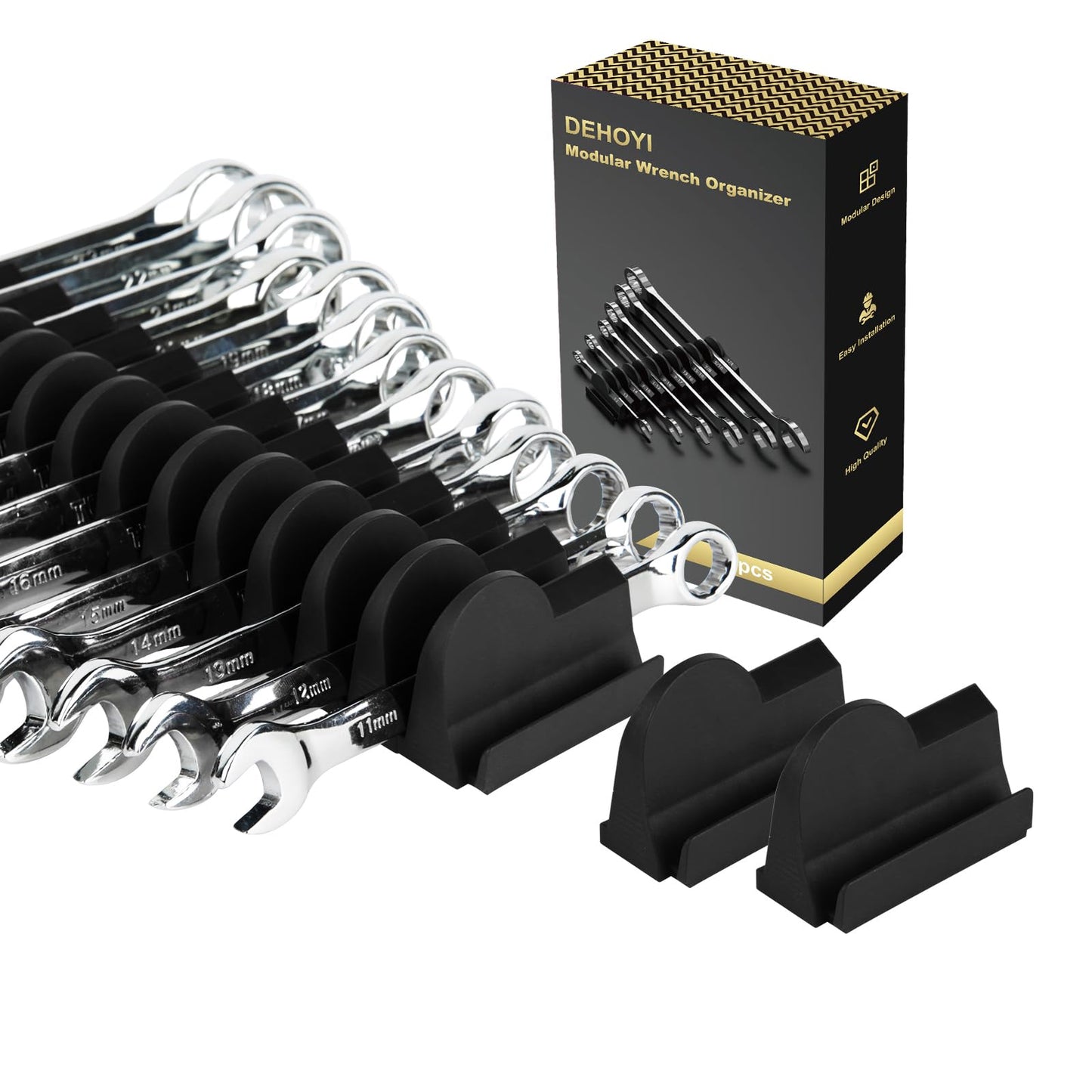 DEHOYI 48 pcs Modular Wrench Organizers for Tool Drawers - Wrench Rack with Metric&SAE Labels, Perfect Tool Storage Holder. Gift for father, brother and boyfriend (Black without Magnet)