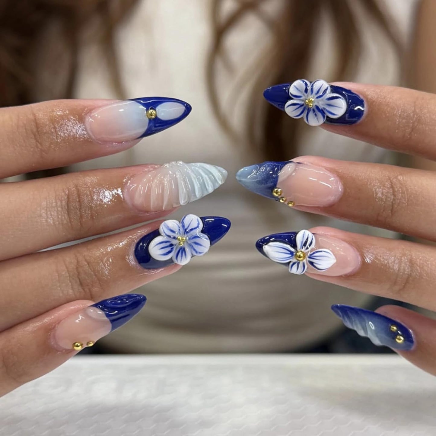 MISUD Press on Nails - Medium Almond Fake Nails with Navy Blue, Acrylic Handmade 3D Flower Gel Design 24 pcs
