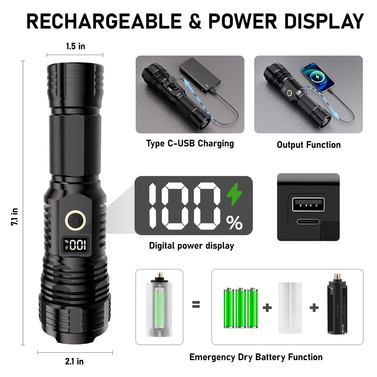 Flashlights High Lumens Rechargeable, 100,000LM LED Super Bright Flash Light, Zoomable Linternas with LCD Digital Display, 5 Mode, Waterproof, Powerful Tactical Flashlight for Emergencies Camping Gift