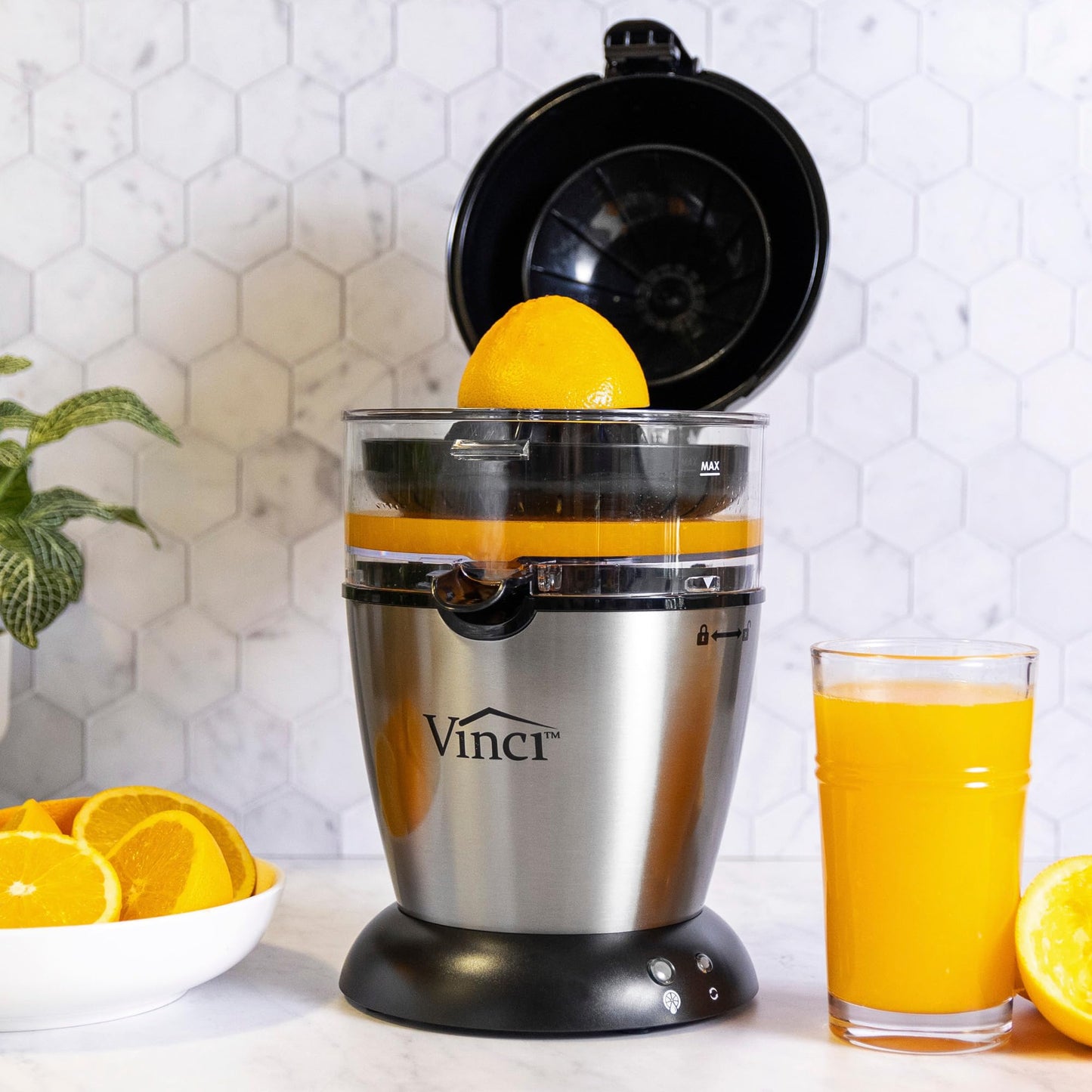Vinci Hands Free Electric Citrus Juicer, 1-Button Juicer Machine, Orange Lime Grapefruit Lemon Squeezer, Easy to Clean Orange Juicer Squeezer, Black/Stainless Steel