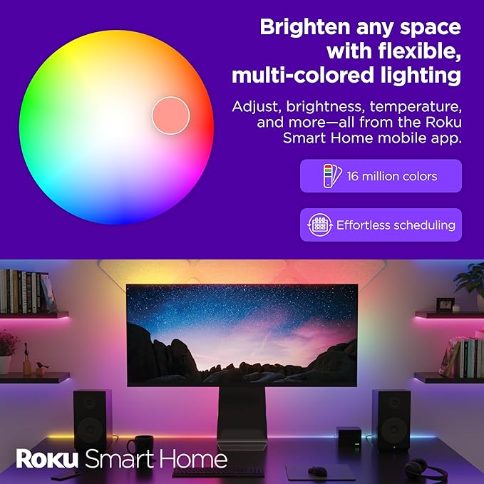 Roku Smart LED Light Strip+, 32.8ft - Color Options with Adjustable Brightness & Temperature - Peel & Stick WiFi Smart Strip Lights Works with Roku Voice, Alexa & Google Assistant - Smart Home Product