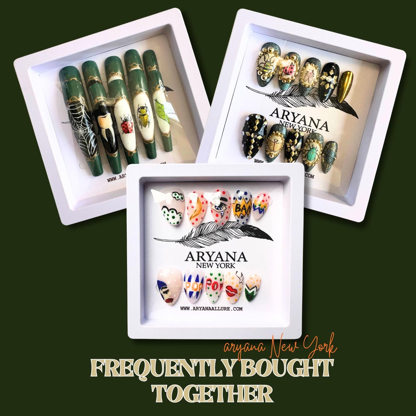 ARYANA NEW YORK Press On Nails Coffin - Handmade, Reusable, Luxury Long Coffin Nails 10 Pcs Handmade Nail Set, Oddities Beetles Collection - (Small)