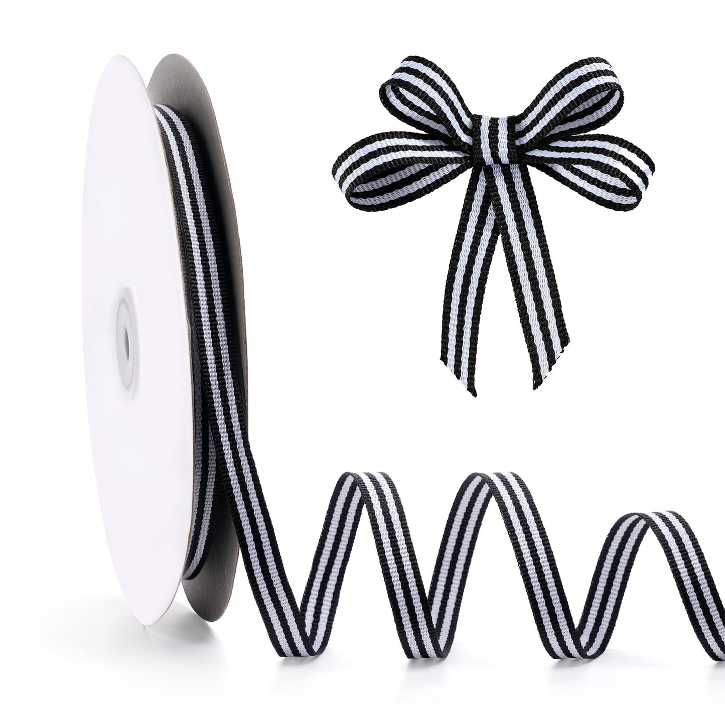 FAKILO Black and White Double-Sided Striped Grosgrain Ribbon for Gift Wrapping, Christmas and Halloween, Wedding Decorations, Handmade Decorations (3/8" x 50yds)