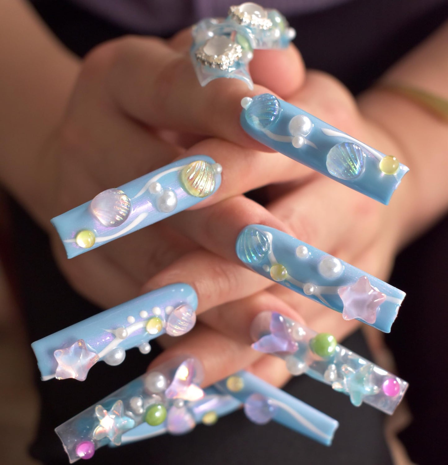 LIFOOST Aurora Blue Handmade Press on Nails Dreamy Ocean Ice Transparent 3D Shell Star Pearls Charms Fake Nails Mermaid False Nails Extra Long Coffin Press ons for Summer, Size M