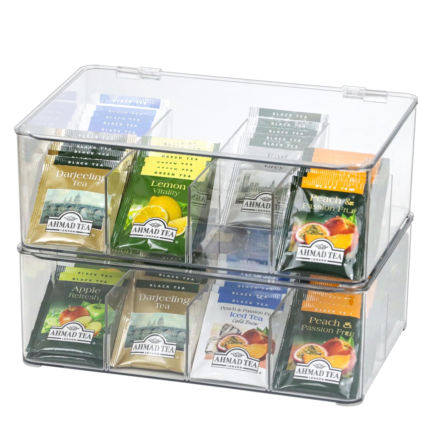 ZEXALOR Plastic Clear Storage Containers, Set of 2 Tea Bag Organizer Boxes 8 Compartments with Lids, Underwear Tie Drawer Organizer, Dresser Organizer (10.8×7×3.7")
