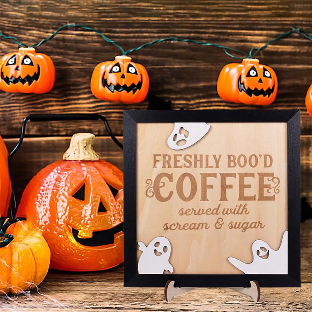 Freshly Boo'd Coffee Halloween Sign Cute Halloween Coffee Bar Decor Wooden Kitchen Decor Accessories Rustic Halloween Home Funny Halloween Coffee Bar Decorations