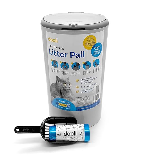 dooli Odor Trapping Litter Pail – Odorless Cat Litter Pail with Lid & 6 Month Supply of Refill Bags and Scooper– One-Finger Tap Lid Opening