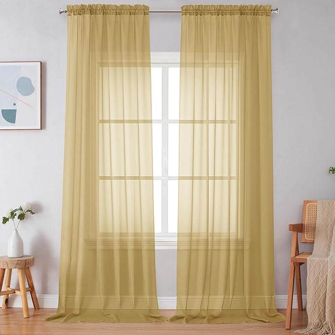 Simplebrand Gold Sheer Curtains 120 Inches Long, Extra Long Rod Pocket Solid Color Window Sheer Curtain Panels, Elegant Curtains & Drapes for Living Room, Bedroom 2 Panels (Gold, 59" W x 120" L)