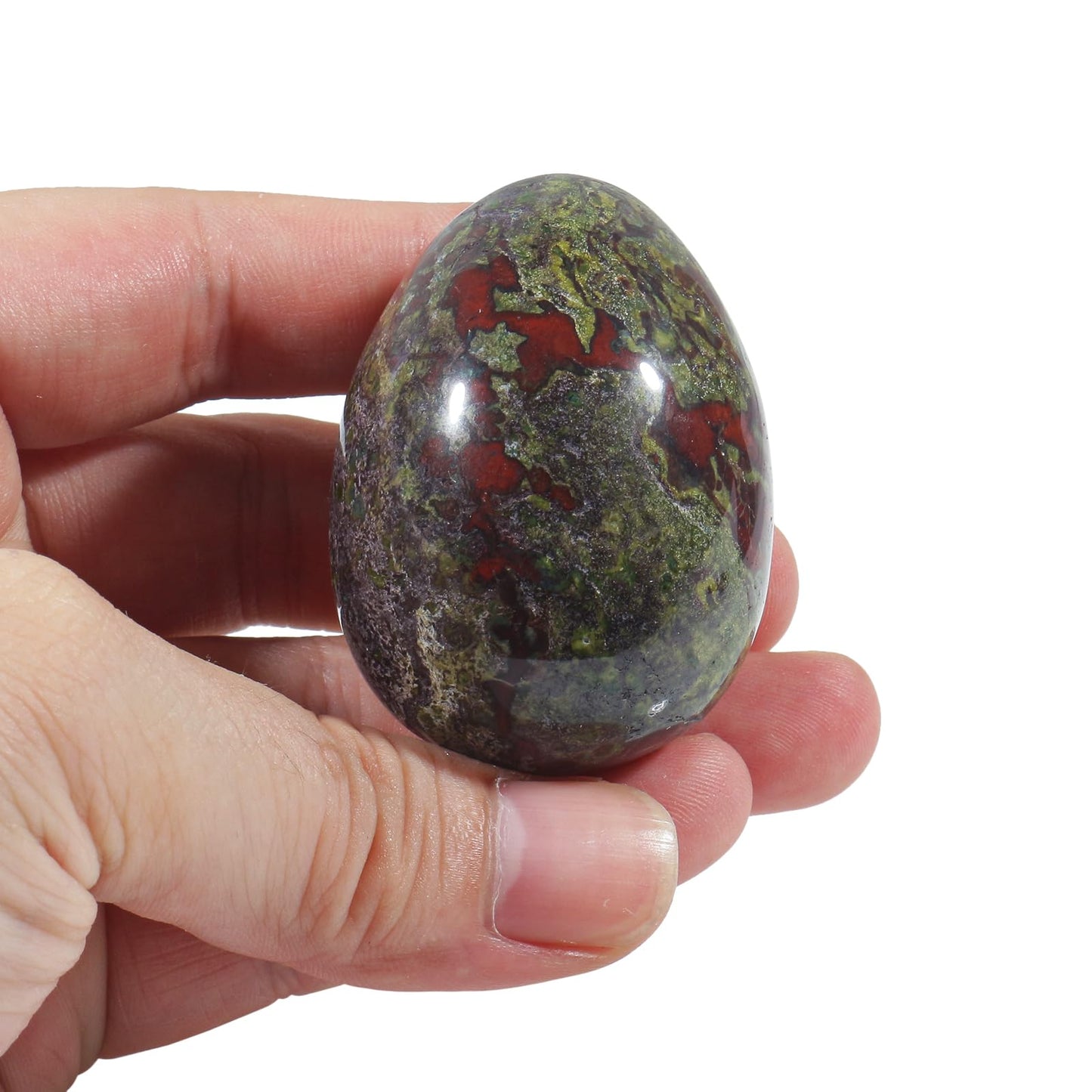 Fekuar Stone Egg Figurine, Polished Healing Crystal Easter Eggs Sphere Sculpture with Wood Stand, Natural Dragon Bloodstone, 1.8"