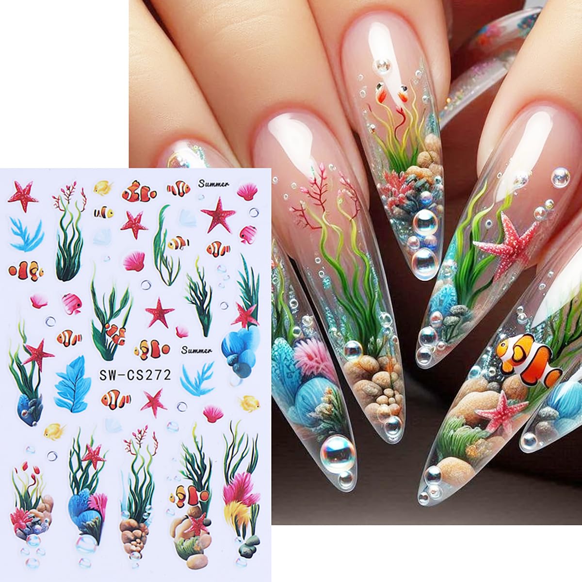 Marine Life Nail Art Stickers Decals 3D Self-Adhesive Fish Seaweed Nail Decals Design Supply Summer Fish Seaweed Marine Life Nail Stickers for Women DIY Manicure Decoration Accessories 4 Sheets