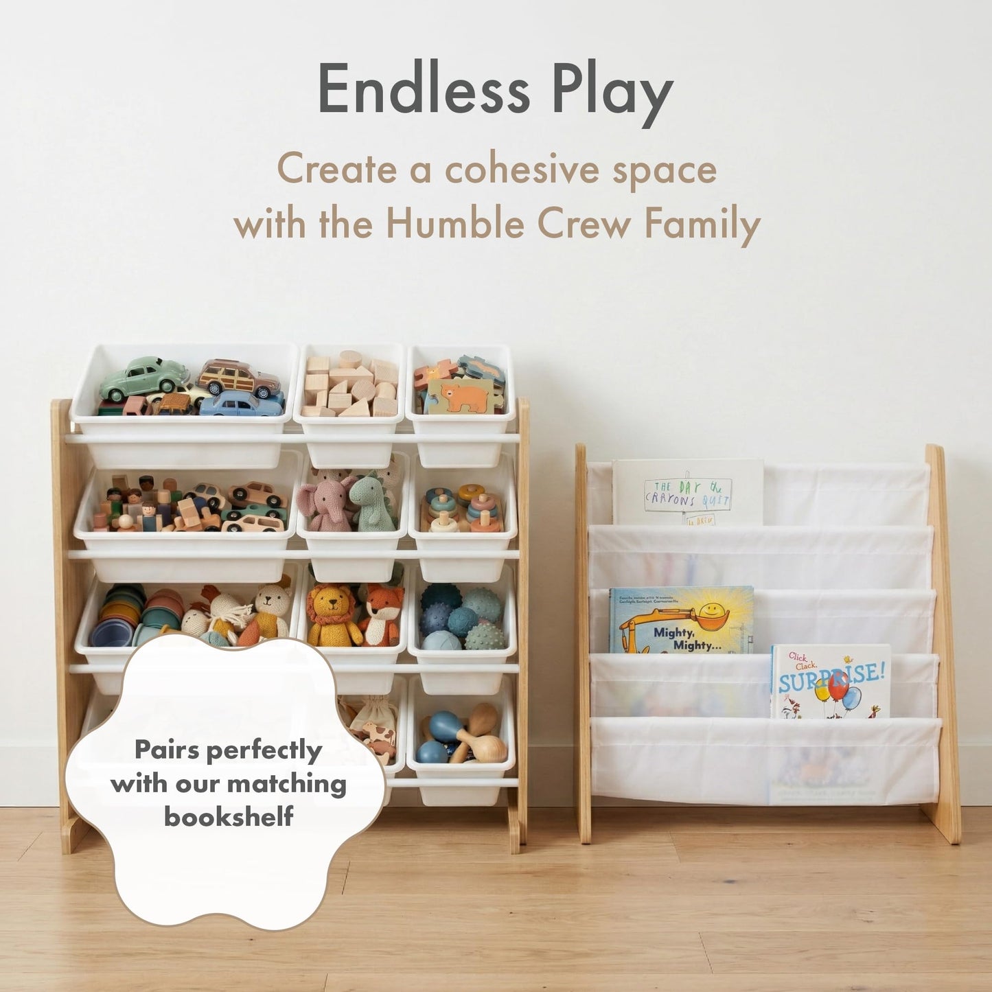 Humble Crew Toy Storage Organizer with 12 Removable Storage Bins for Kids Playroom, 4-Tier Toddler Toy Organization, Natural Wood/White