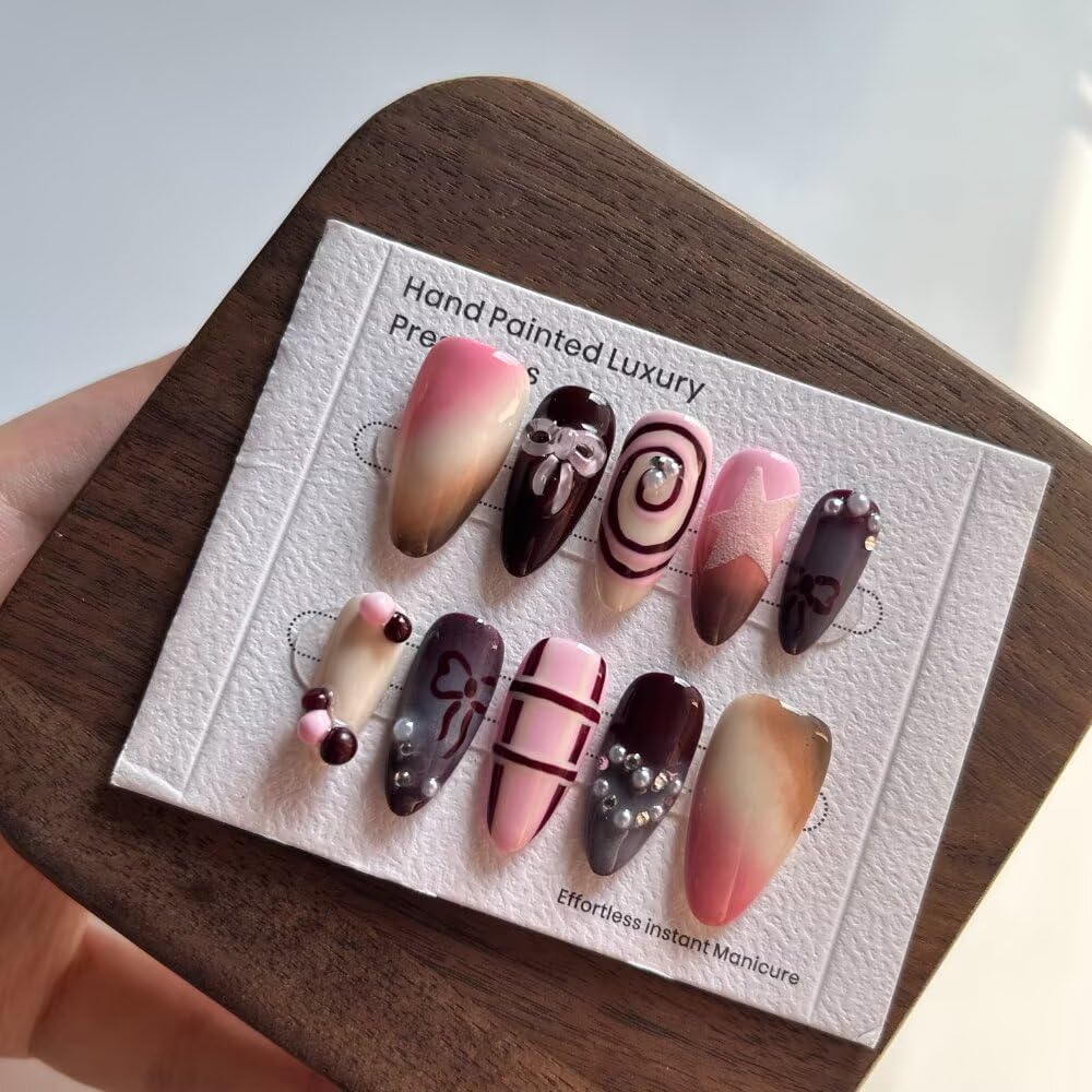 10Pcs Spring Summer Press on Nails Almond Shape False Nails with Bow Design Medium Length Fake Nails Handmade Nails Press On 3D Star Fake Nails Reusable Nails for Women (Size M)