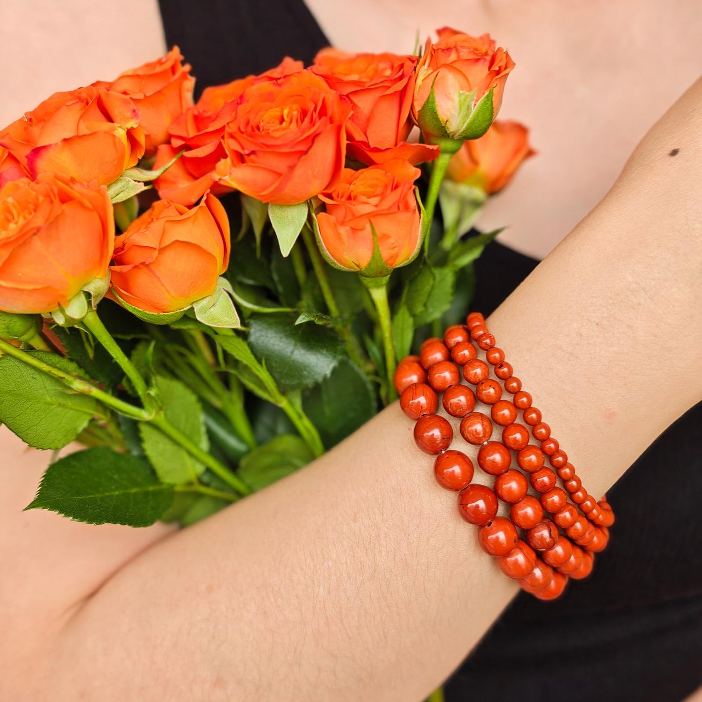 Handmade Natural Gemstone Elastic Bracelet - Healing Crystal Beads Jewelry, Unisex (Red Jasper, 8mm)