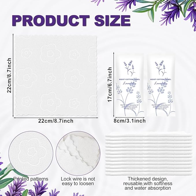 Moist Cotton Towel Bulk Moist Towelettes Individually Wrapped,White Towel Services,Refreshment Pre Moistened Towels for Dentist Travel Sport Party Hotel 400,Lavender