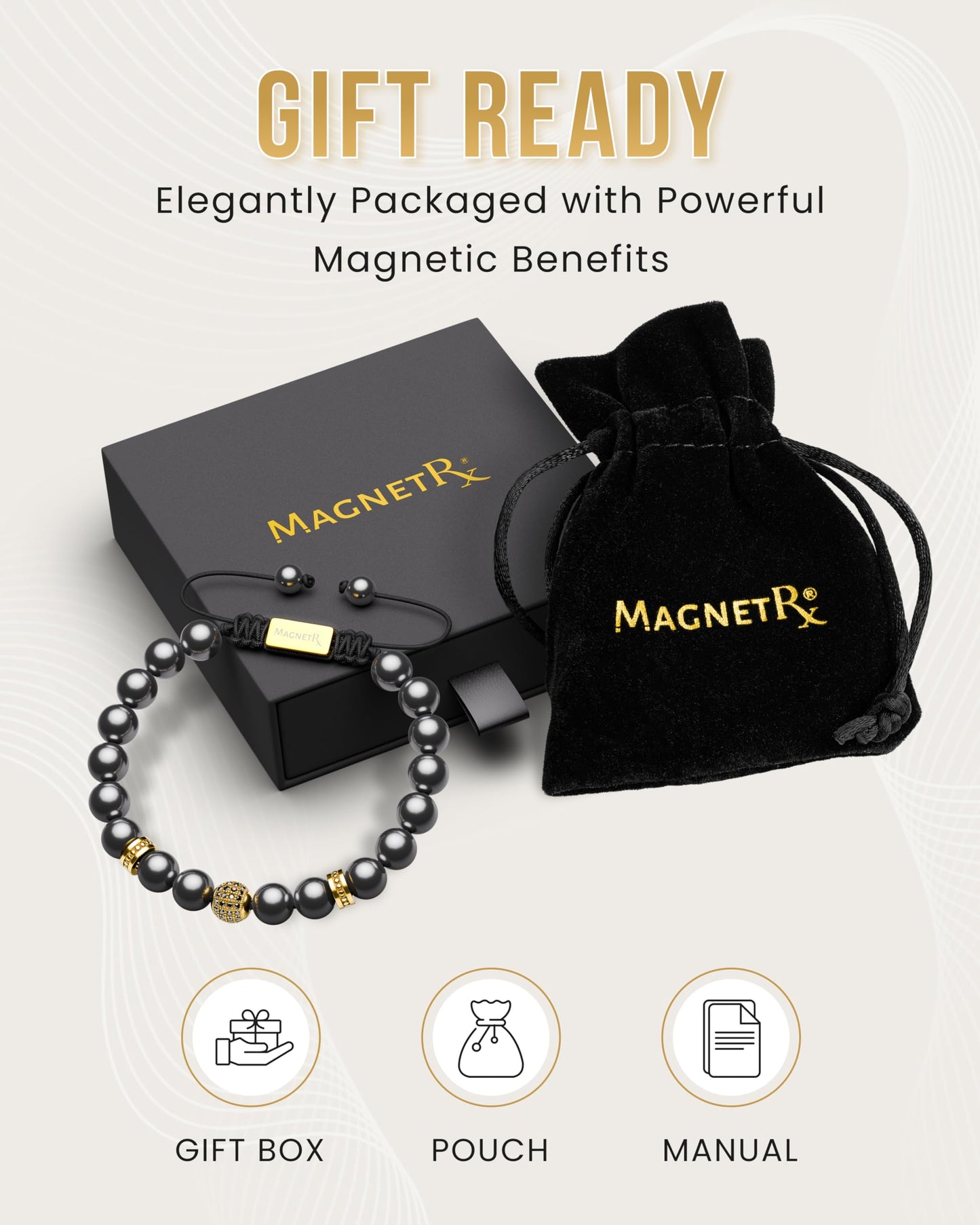 MagnetRX® Magnetic Hematite Bracelet - Max Strength Magnet Stones - Magnetic Beaded Bracelets for Men and Women (Gold Zeus 8mm Bead)