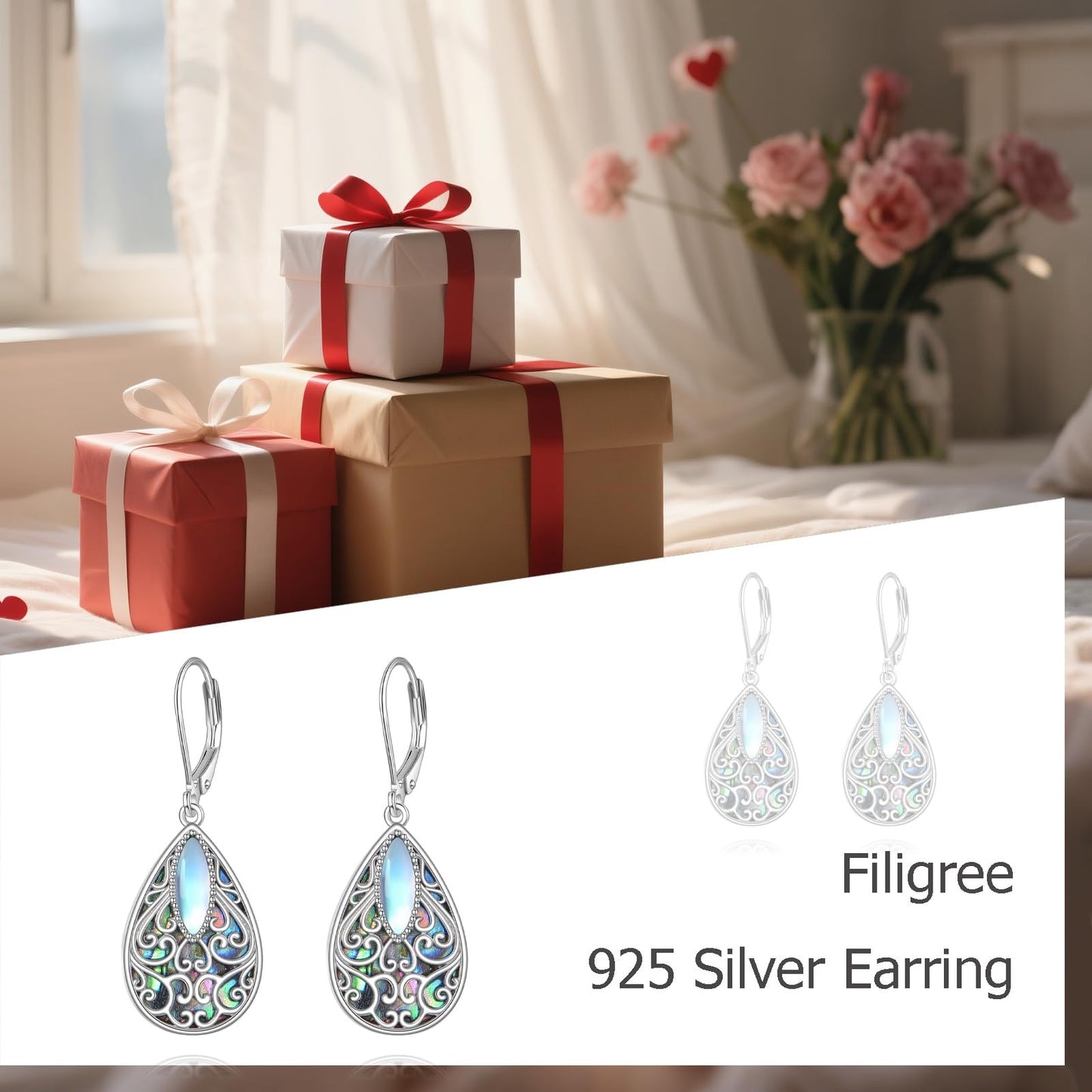 Filigree Earrings Sterling Silver Teardrop Abalone Shell Drop Dangle Earrings Filigree Leverback Earrings Jewelry