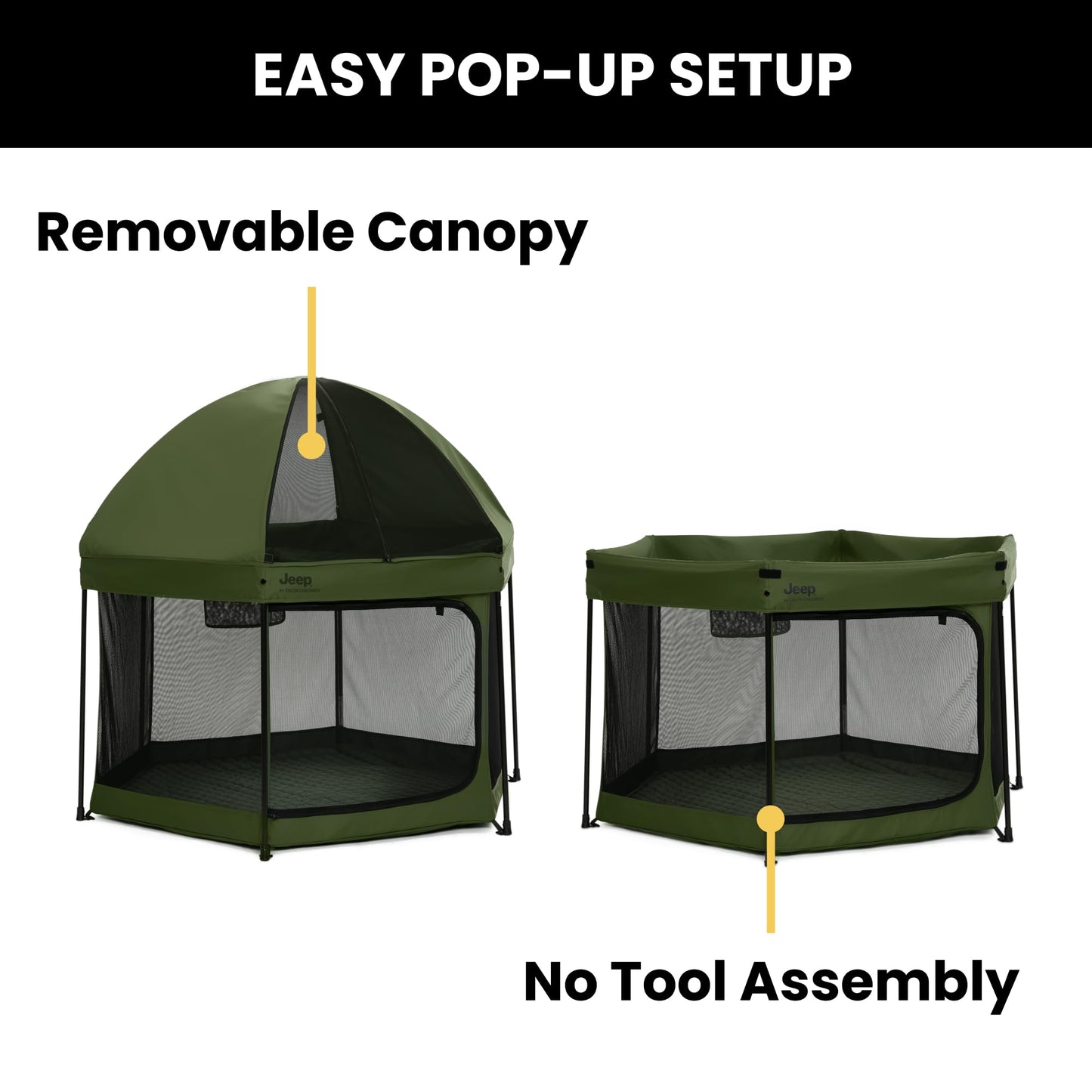 Jeep Hexagon Pop Up Play Yard with Removable Canopy | Ideal for Indoor and Outdoor Use, Olive Green