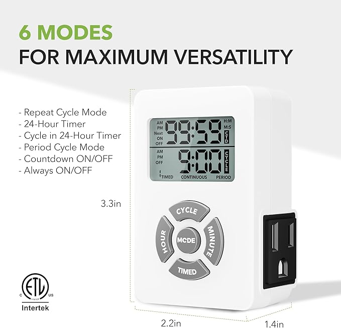 BN-LINK Digital Outlet Timer with Interval Repeat Cycle Indoor,24 Hour Programmable Outlet Timers for Electrical Outlet, Energy Saving 3 Prong Plug-in Outlet with Countdown On/Off,125V/15A/1875W