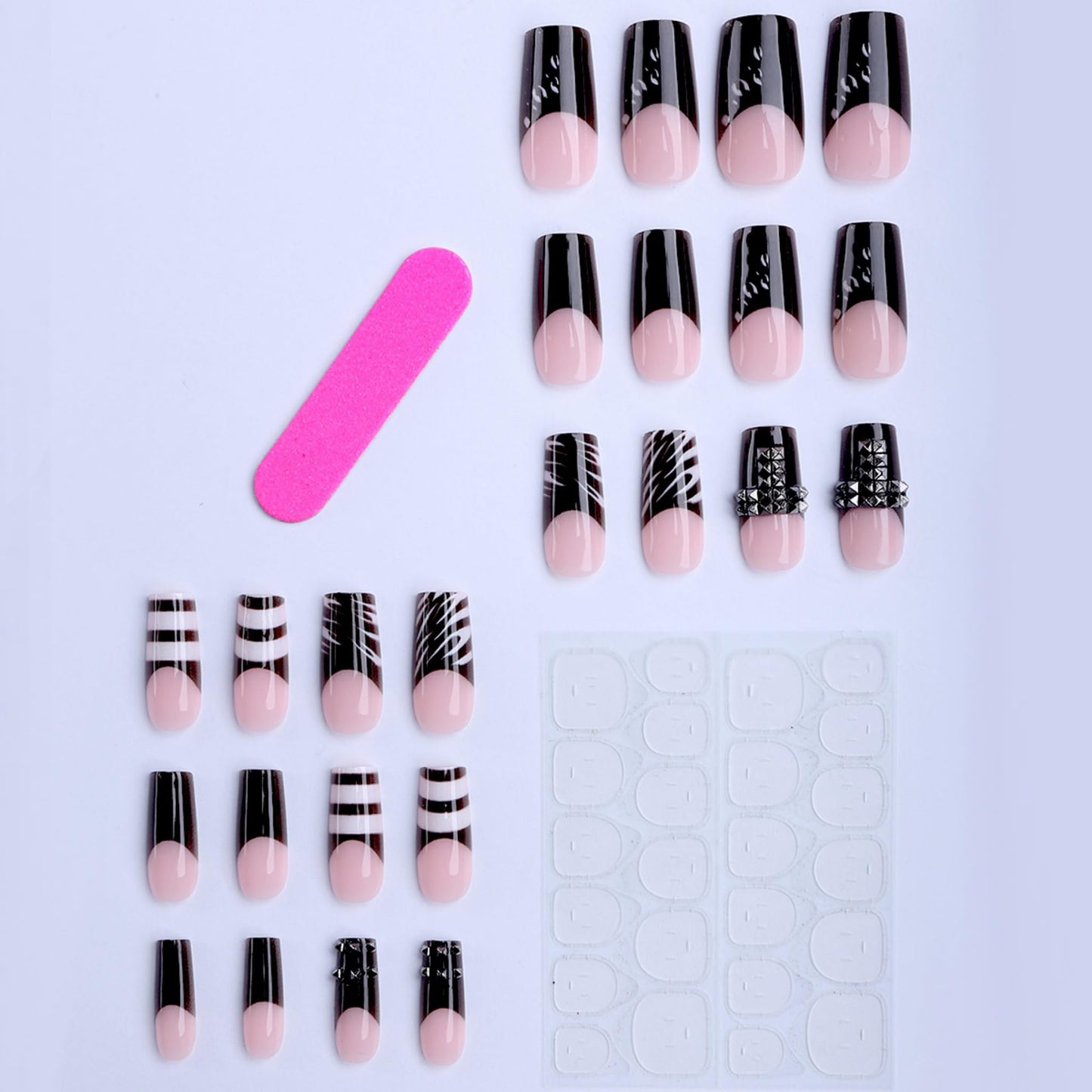 Long Press on Nails Square Fake Nails Black Acrylic Nail Press Ons Seeneey Y2K Stripes Glossy Stick on Nail for Women 24pcs