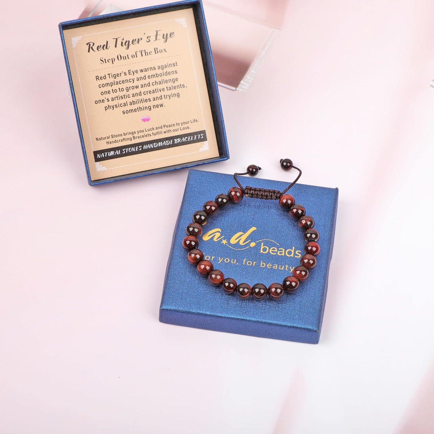 AD Beads 8mm Red Tiger's Eye - Challenge oneself - Handmade Natural Stone Crystal Bracelet with Adjustable Macrame String - Yoga Healing Power Energy Gifts for Men and Women