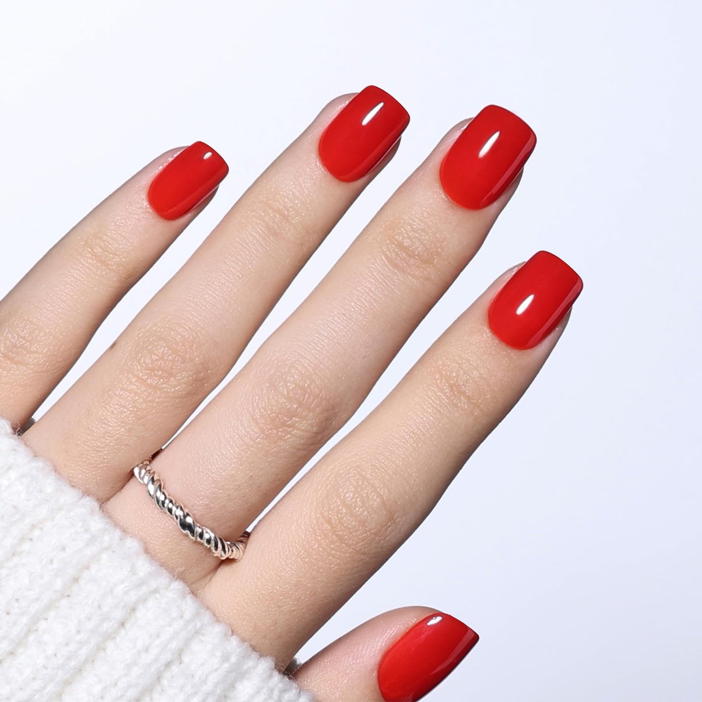 Red Press On Nails - Short Square Bright Red Press On Nails for Women, Reusable Glossy Fake Nails Kit with Glue, 30 Pieces in 15 Sizes