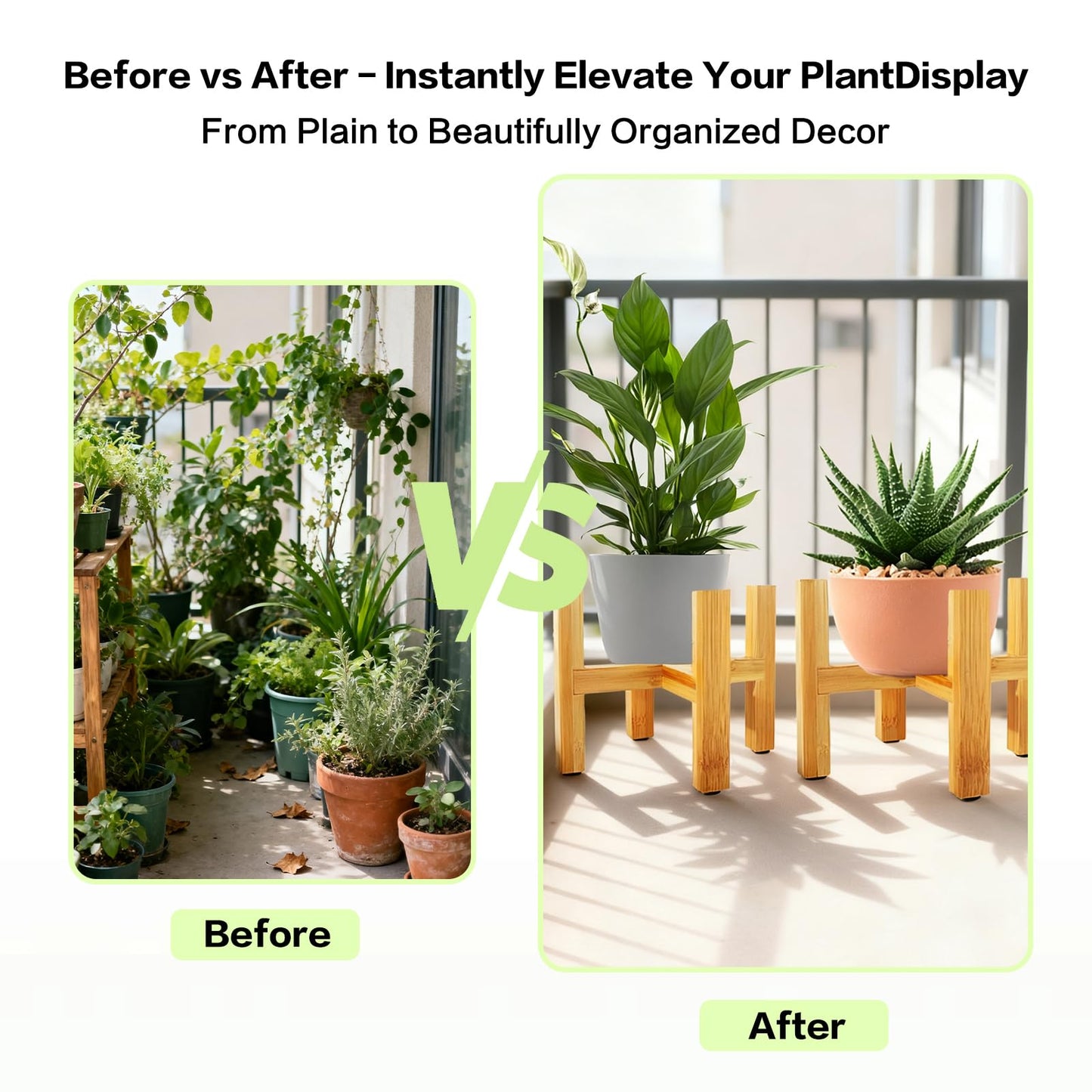 AZY Plant Stand Indoor 2 Pack, Adjustable Bamboo Wooden Plant Holder Fits 6.3" & 8.3" Pots, Modern Planter Stand Small Plant Shelf for Home Decor