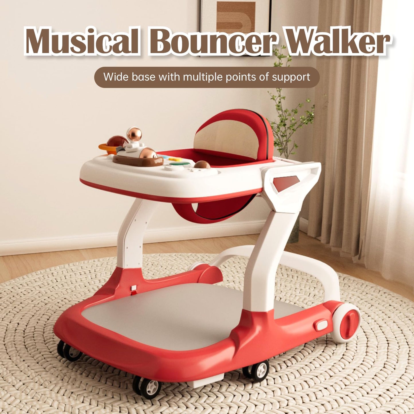 Baby Walker with Wheels Music and Lights with 9 Adjustable Heights Anti-Fall Baby Walker and Bouncer Combo for Boys Girls Babies 6-18 Months (Red and White)