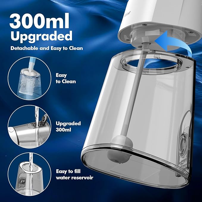 Cordless Water Dental Flosser for Teeth, with 8 Jet Tips, 300ML Tank Oral Irrigator Portable with 4 Modes IPX7 Waterproof Rechargeable Water Floss for Home Travel, Adults Teeth Cleaning (White)