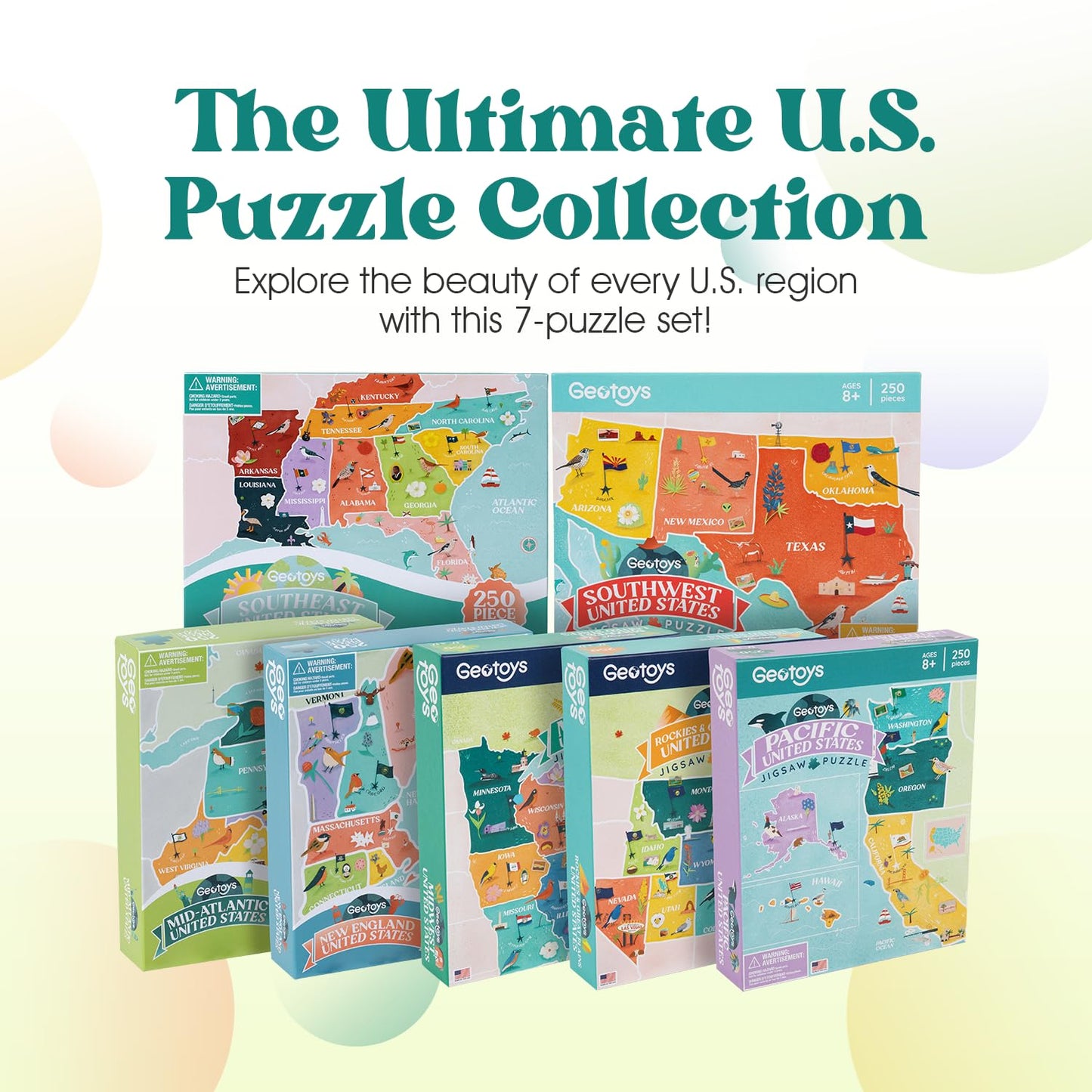 Geotoys USA Regional Jigsaw Puzzle Bundle - Set of 7 Jigsaw Puzzles for Kids Ages 8-12 - 250 Piece Puzzles for Kids Featuring New England, Midwest, Pacific & More – Regional US Map Puzzle with Flags