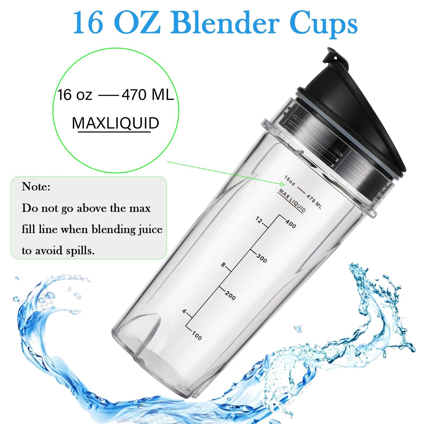 Sonkettek For Ninja Blender Cups 16oz Replacement Parts for Ninja QB3001SS BL770 BL780 BL660 BL740 BL810 QB3000SS, 2 Pack Nutri Ninja Series Blenders 16oz cups with Sip & Seal Lids