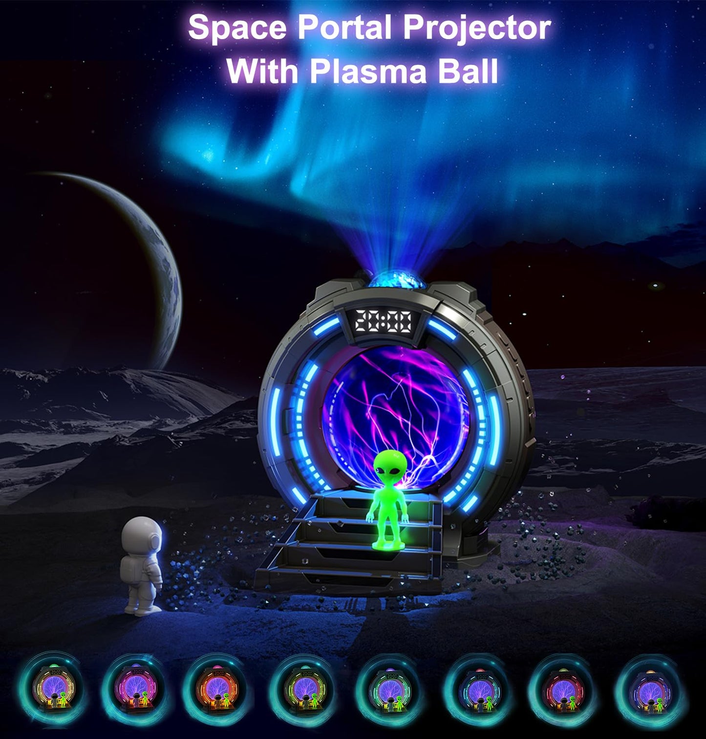 Northern Lights Projector with Plasma Ball Lamp, White Noise, Music Speaker, Alarm Clock & Remote, Stargate Astronaut Galaxy Aurora Night Light Projector for Bedroom Gaming Birthday Valentines Gifts