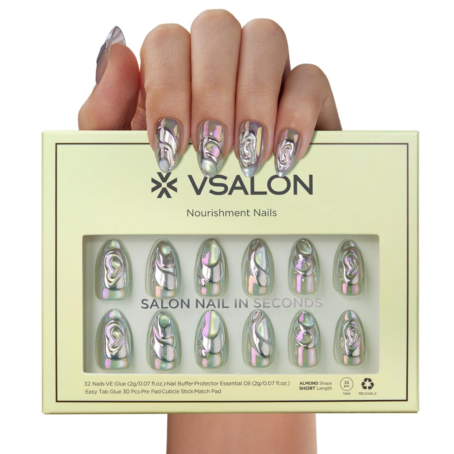 VSALON Press on Nails Short Almond - Chrome Silver Cat Eye 3D Swirl Design Fake Nails Kit for Women, Reusable Salon Quality Spring Summer Glue on Nails - 32 PCS Stick on Nails in 16 Sizes with Glue