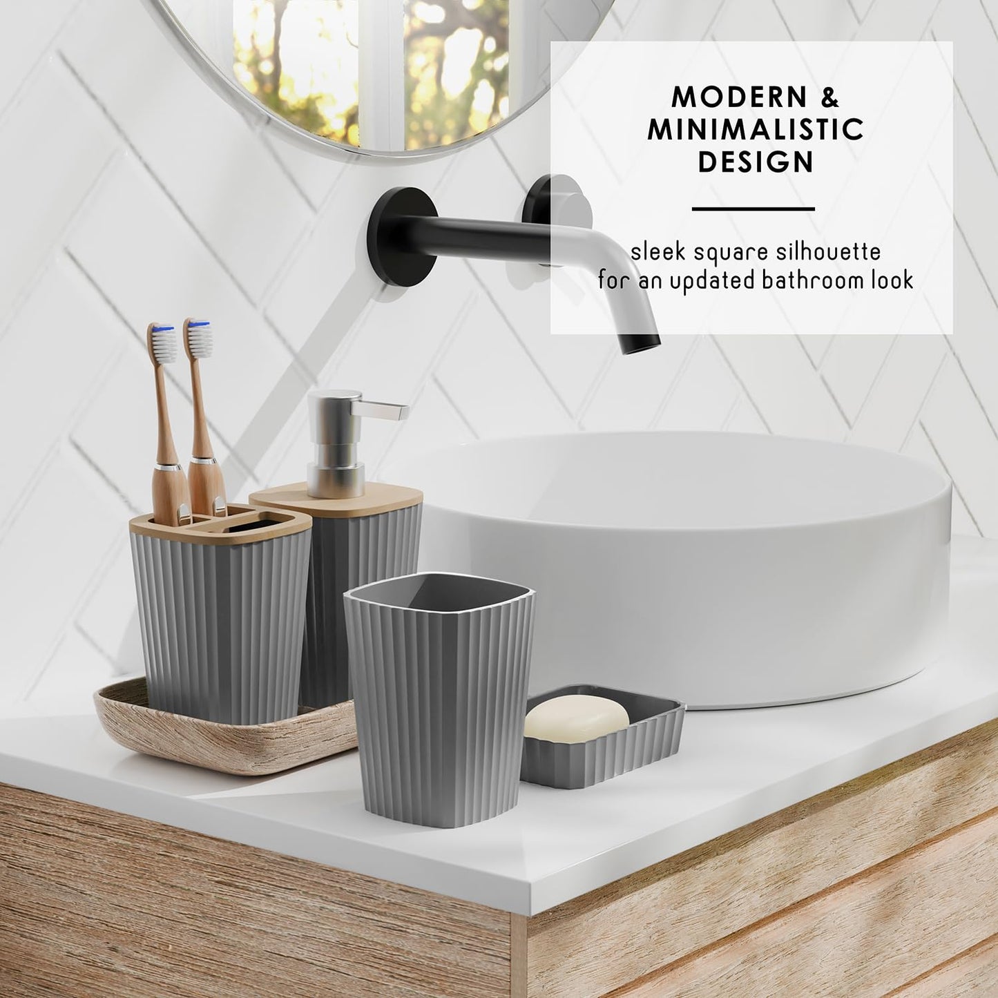 Clara Clark Bathroom Accessories Set - Bathroom Set, Bathroom Accessory Set, Shower Curtain Set, Toilet Brush, Trash Can & Soap Dispenser - Grey - 20PC