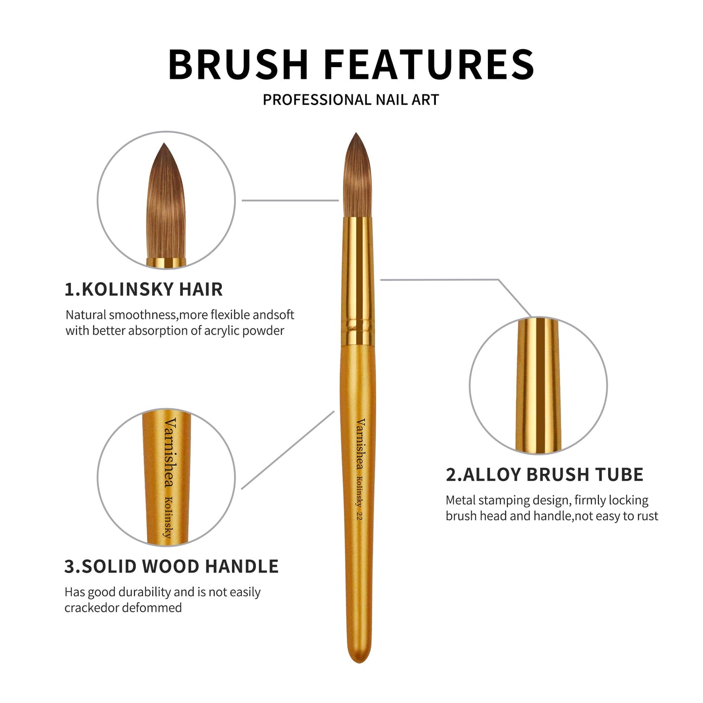 varnishea Kolinsky Acrylic Nail Brush Golded Solid Wood Handle Professional Manicure Brushes for Powder Nail Acrylic Application - Salon & DIY Nail Art Essentials - Size 16, 1.0 Count