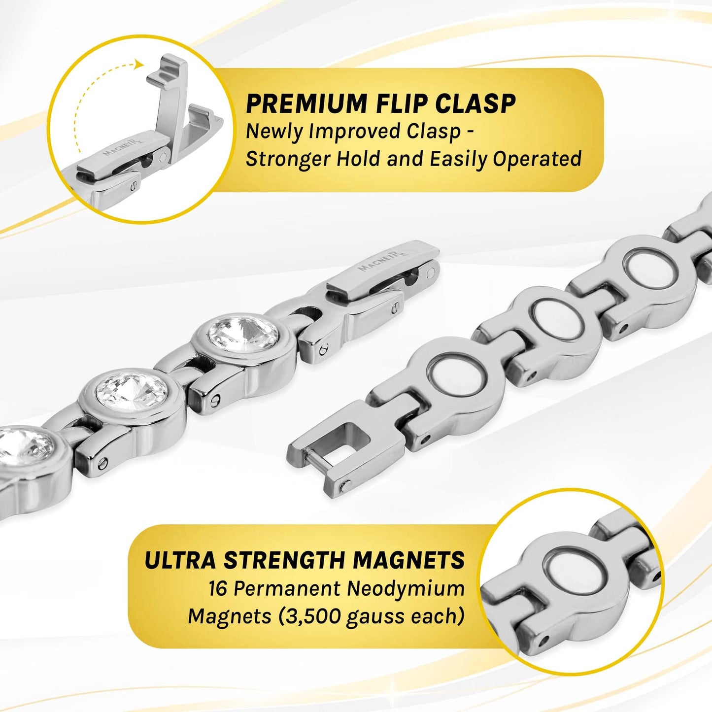 MagnetRX® Women’s Magnetic Bracelet – Elegant Magnetic Crystal Bracelets for Women – Adjustable Length with Included Sizing Tool (Silver)