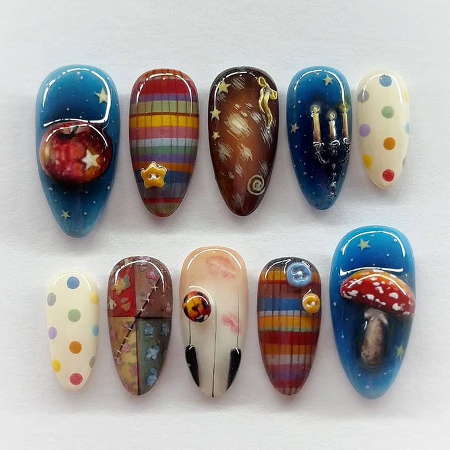 IMRAIN Press on Nails - Medium Almond Fake Nails | Polka Dot, Star, Cute Pattern Designs Full Cover Blue Brown Glue on Nails Glossy False Nails for Women Girls 24Pcs