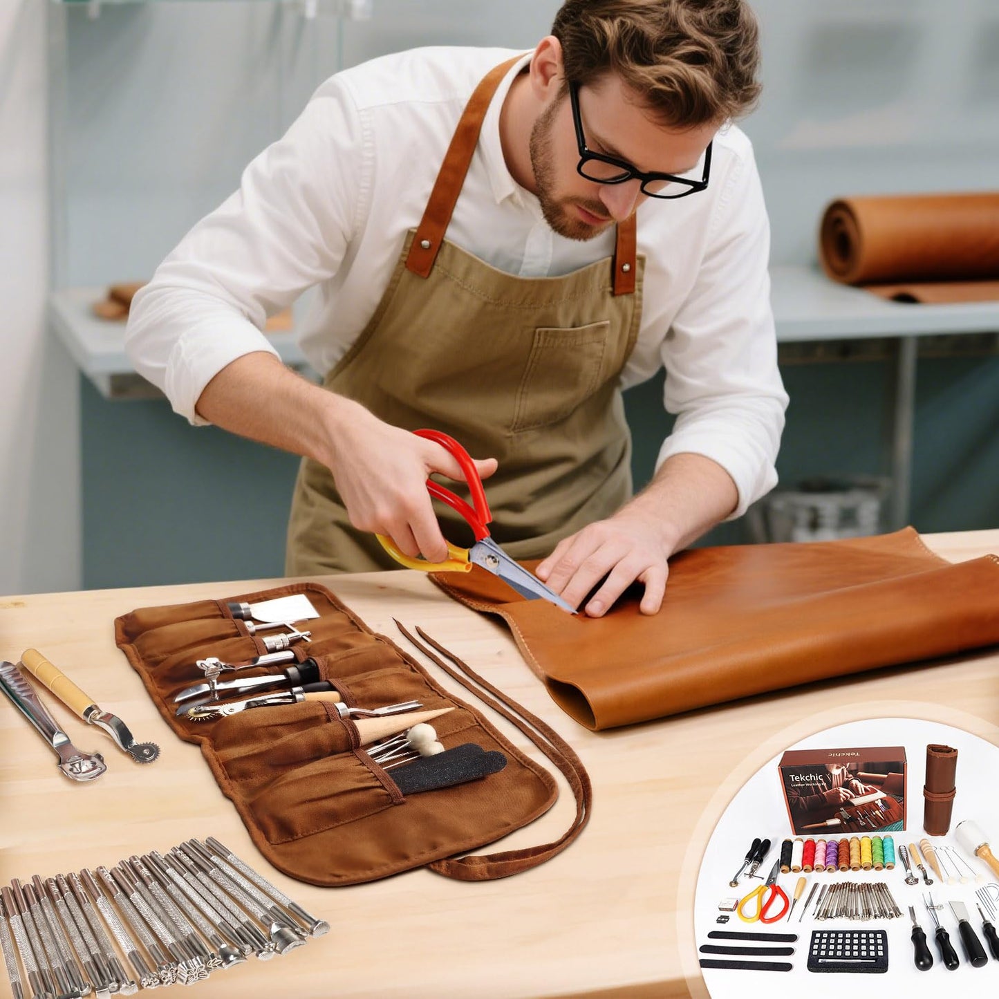Leather Working Tools Craft Kit for Carving Stamping Sewing Punching Cutting with Storage Bag Professional Leather Tooling kit for DIY Crafting