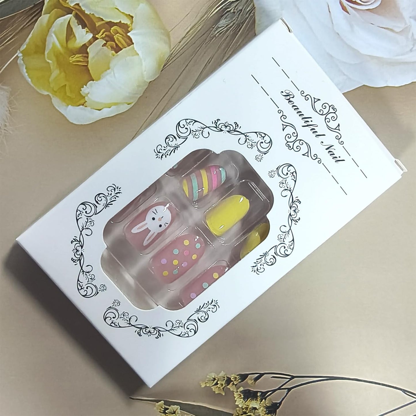 CJDLTS Easter Press on Nails Short Oval Artificial Acrylic False Nails Cute Rabbit Polka Dots with Colorful Stripe Full Cover Glossy Spring Glue on Nail Stick on Nail Artificial Fingernails for Women
