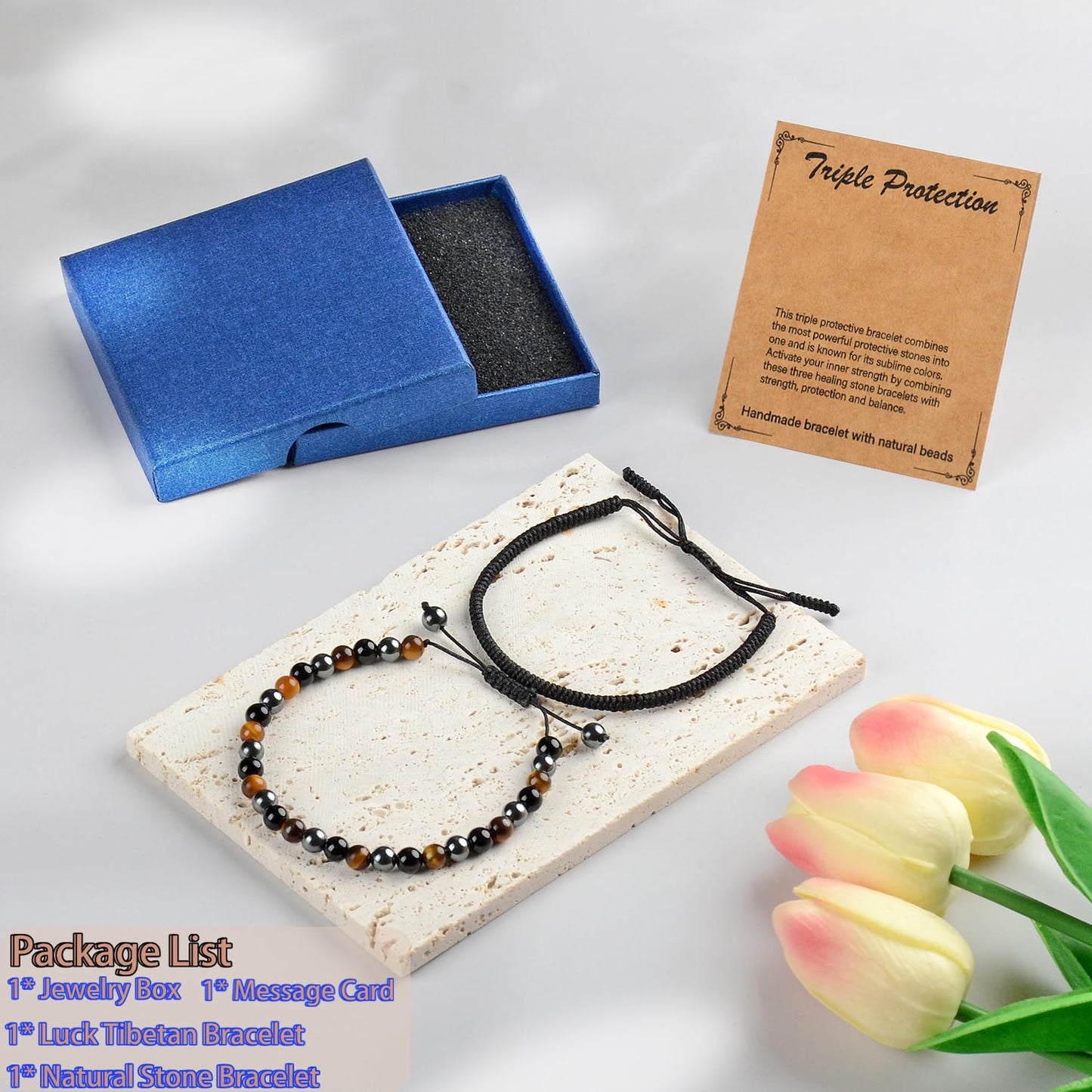 LPBeads 6mm Onyx Tiger's eye Hematite Mixed stone Bracelet with Handmade Rope Bracelet Size Adjustable Natural Stone Crystal Healing Bracelets Gifts for Unisex Adults