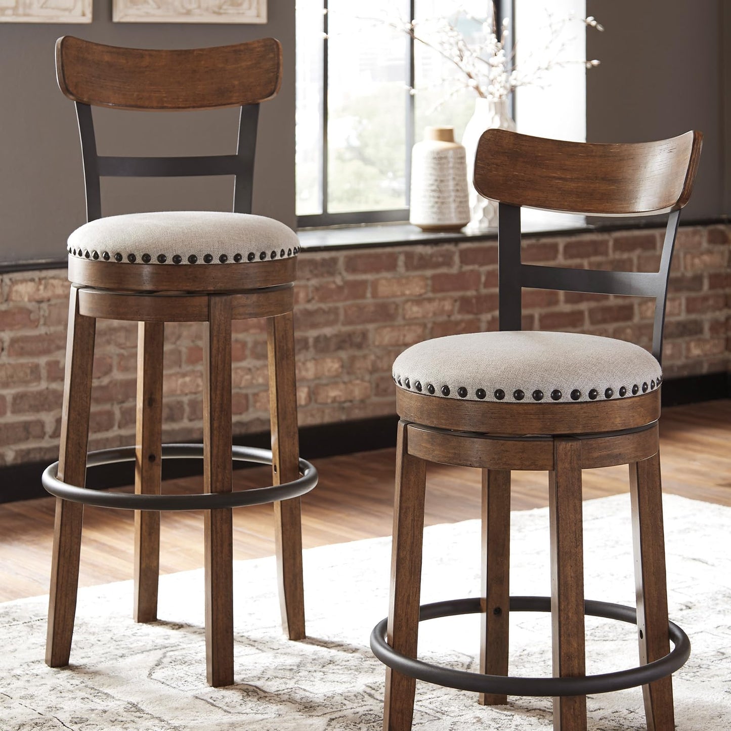 Signature Design by Ashley Valebeck Swivel Barstool With Back, Rustic-Industrial Wood and Metal, 360-Degree Swivel Counter Height Stool for Kitchen Island Seating, Linen Color