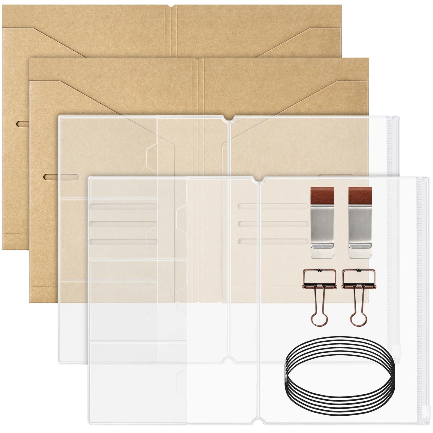 Travelers Notebook Accessories Kit - Kraft File Folders,PVC Zipper Pouches,Pen Holders,Binder Clips,Elastic Bands for Travel Journal Organizer(2 Pack, A5 Size)
