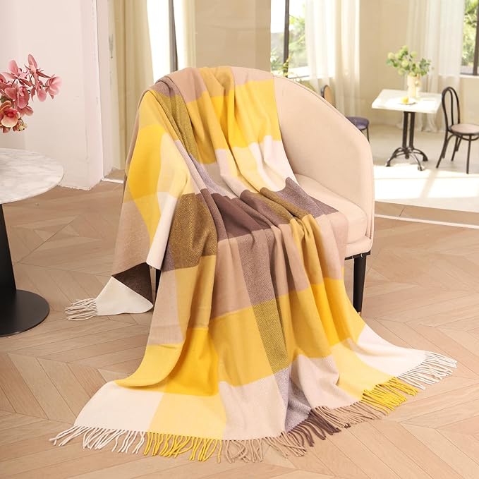 Throw Blanket Plaid with Carry Bag | Soft Wool Travel Blanket 55"x83" 2lbs | Golden Brown & Beige Plaid Decorative Throw for Couch, Camping & Gift