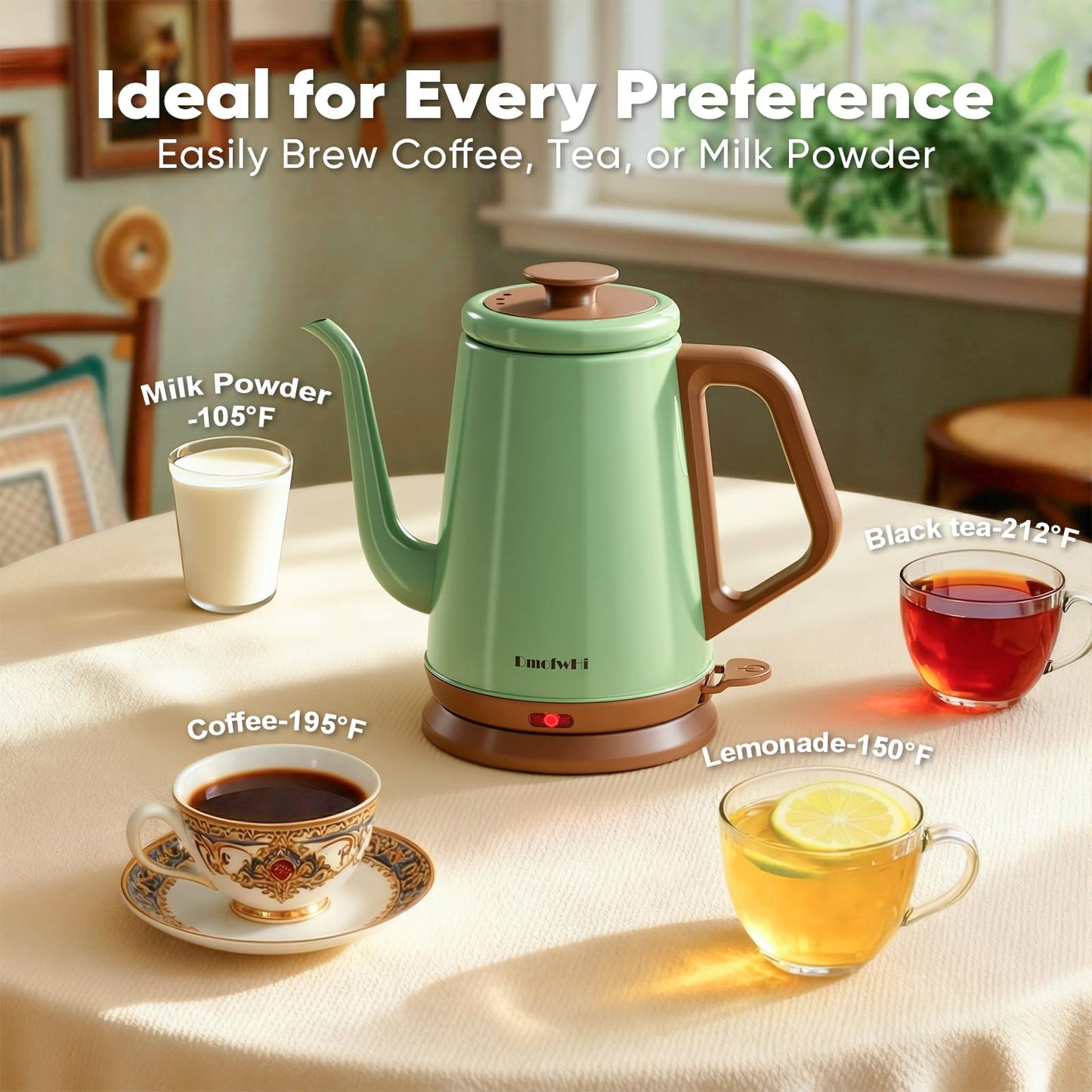 DmofwHi Gooseneck Electric Kettle(1.0L), 100% Stainless Steel BPA Free Classic Pour Over Coffee Kettle | Tea Kettle - Green