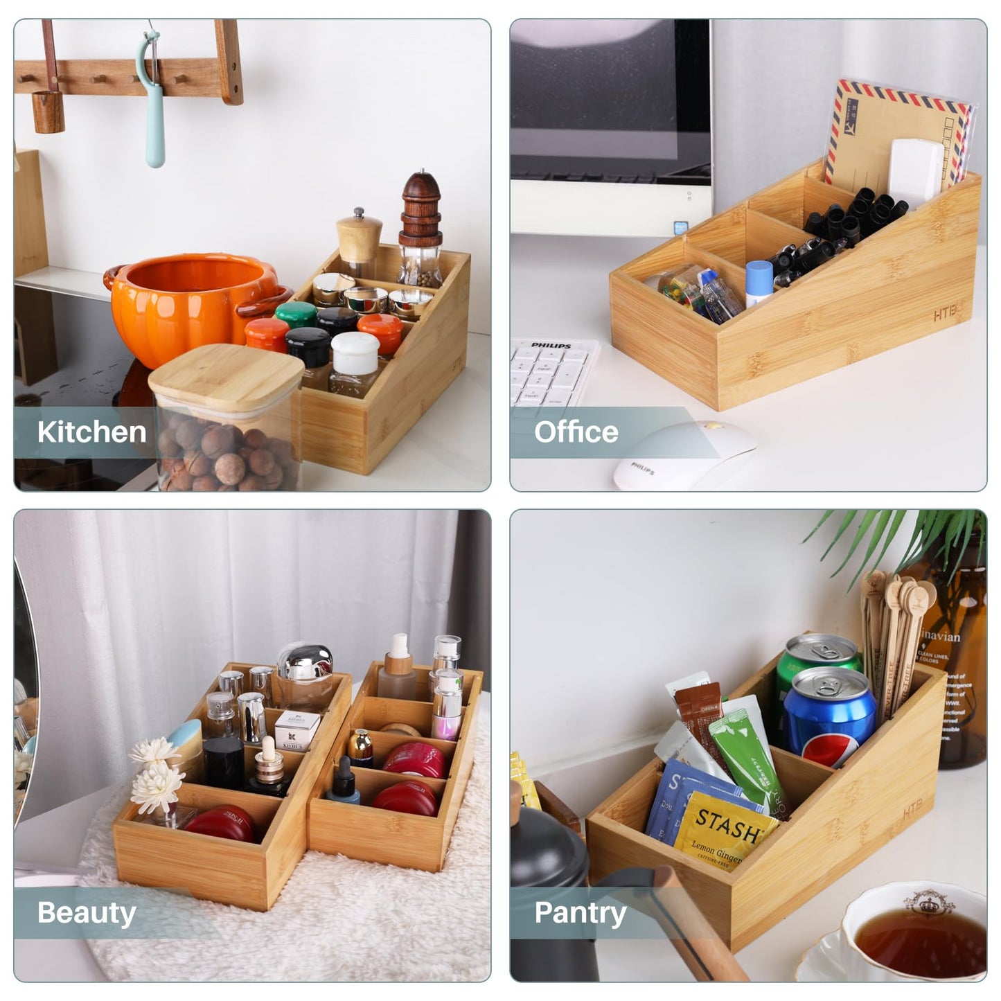 HTB 4-Section Snack Organizer with Removable Dividers for Kitchen, Cabinet, Office, Countertop, 2 Pack Bamboo Pantry Storage Organization for Spice Packets, Seasoning Pouches, Coffee Pods
