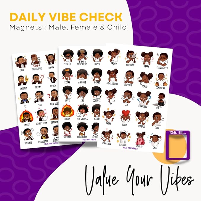 Daily Vibe Check Magnet - Black Feelings & Emotions Chart - 8.5” x 5.5” - Two-Piece Magnet Set (Female)